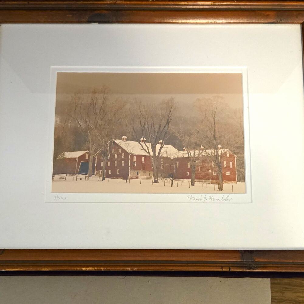 David J Kowalski Signed Print 3/500 Winter Red Barn Landscape Framed Ar17.5×13.5